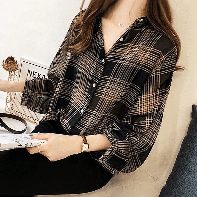 Spring Autumn Vintage Classic Plaid Polo-neck Casual Blouse Femme Long Sleeve Loose Cardigan Shirt M X3497407