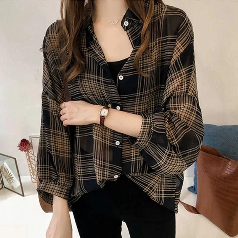 Spring Autumn Vintage Classic Plaid Polo-neck Casual Blouse Femme Long Sleeve Loose Cardigan Shirt M X3497407