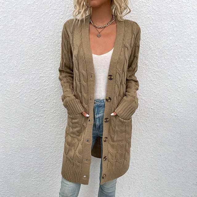 Stella Marie Cardigan | Warm Lang gebreid vest met kopen en zakken voor dames