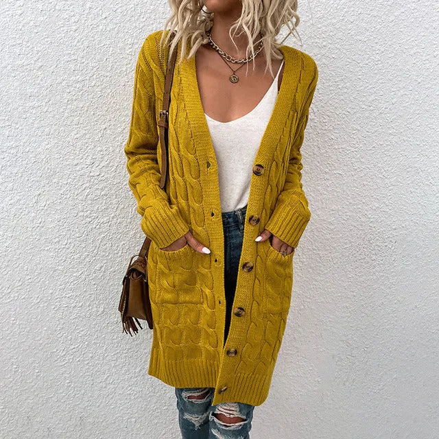 Stella Marie Cardigan | Warm Lang gebreid vest met kopen en zakken voor dames