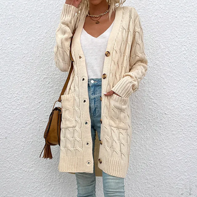Stella Marie Cardigan | Warm Lang gebreid vest met kopen en zakken voor dames