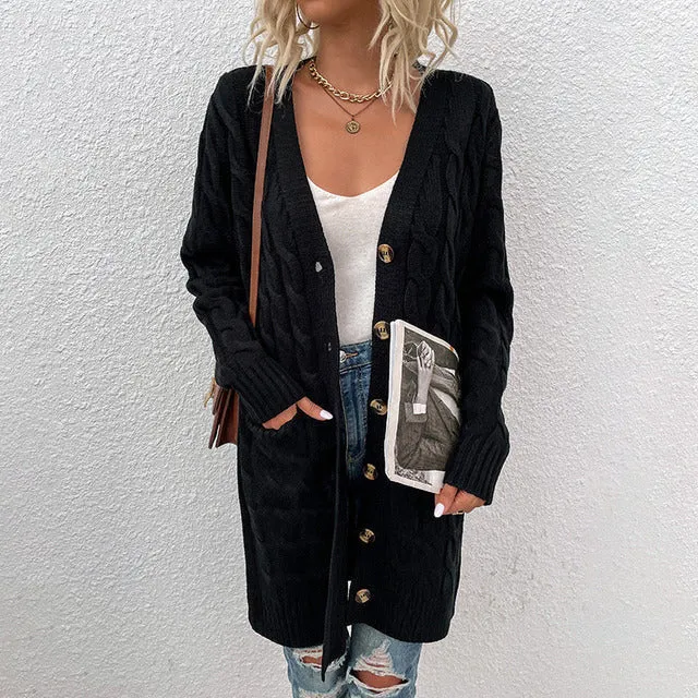 Stella Marie Cardigan | Warm Lang gebreid vest met kopen en zakken voor dames
