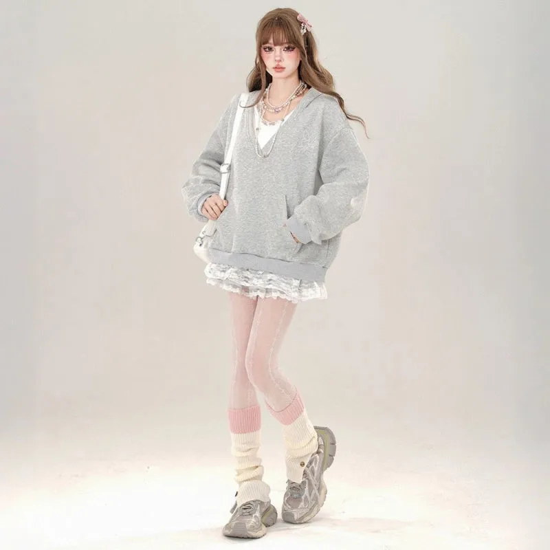 Sweet Girl Style Fake Two-Piece Hooded Sweatshirt