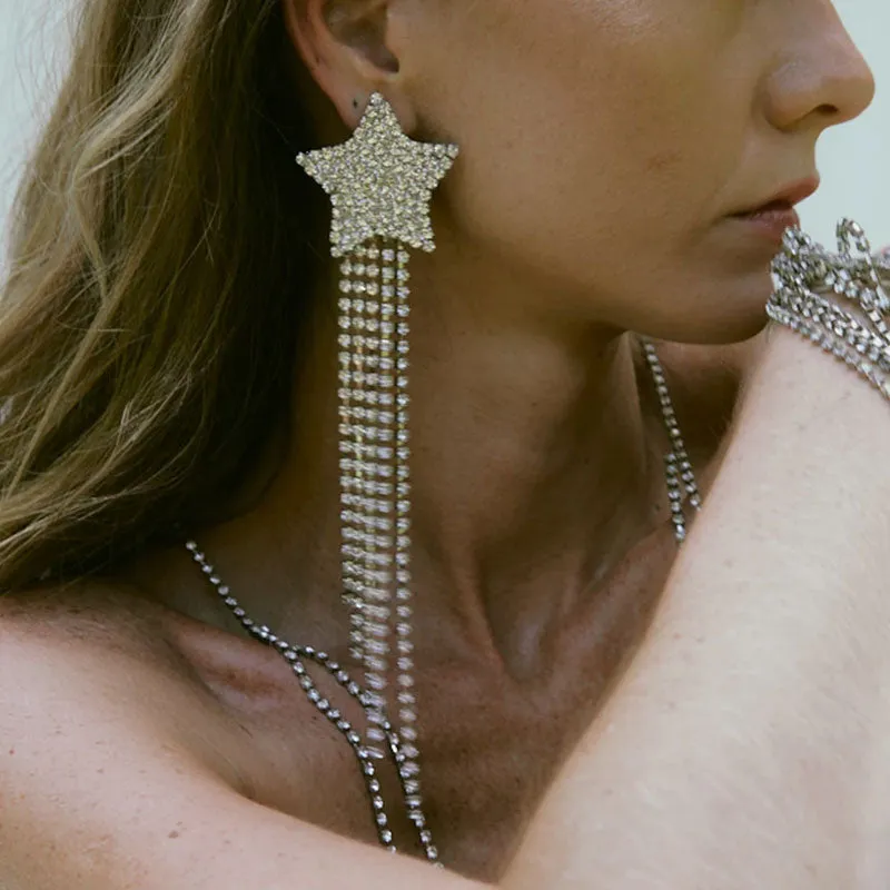 Swingy Rhinestone Star Embellished Long Fringe Drop Earrings - Silver