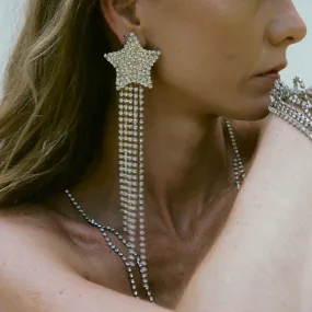 Swingy Rhinestone Star Embellished Long Fringe Drop Earrings - Silver