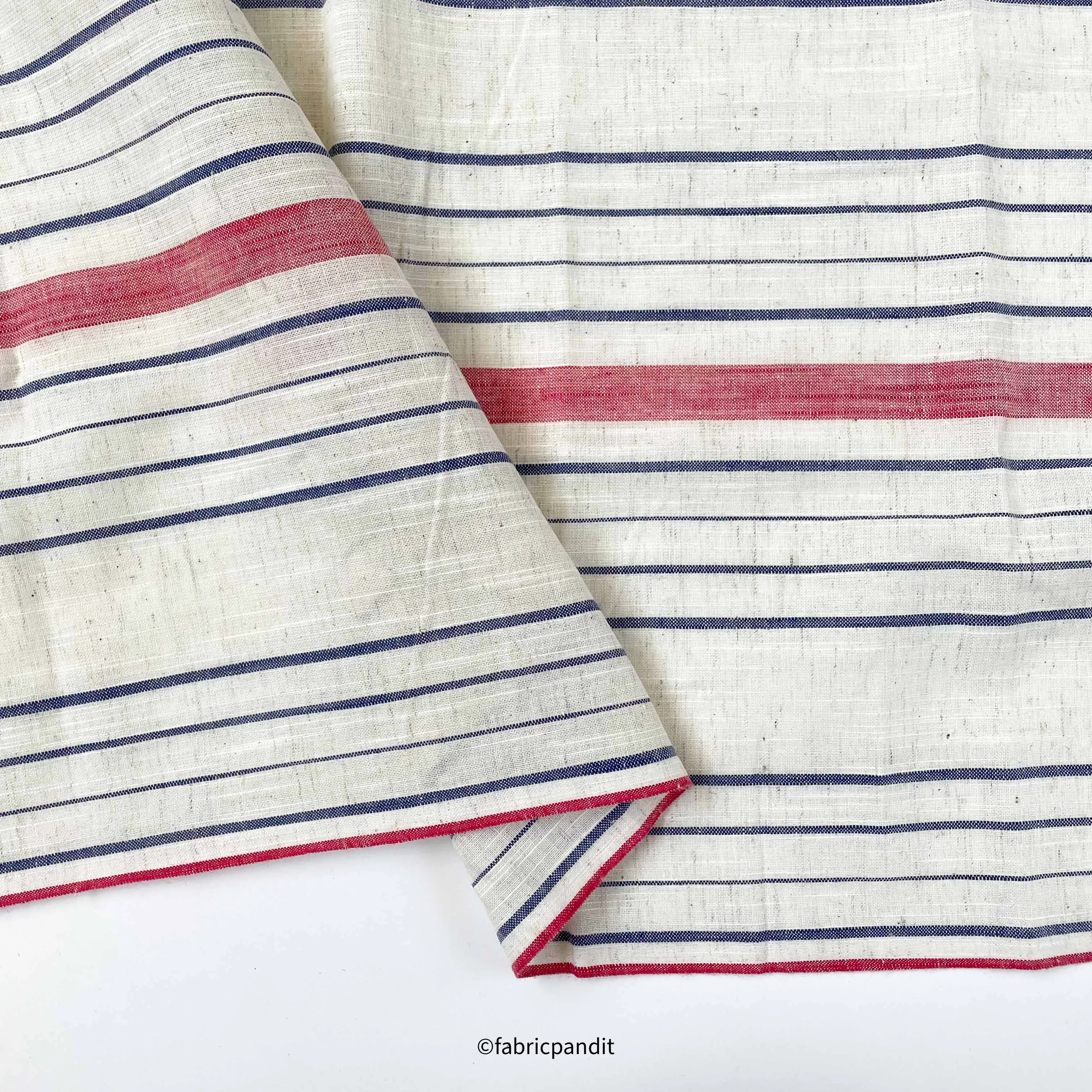 White & Blue Effortless Stripes Hand Block Printed Pure Cotton Linen Fabric (Width 42 inches)