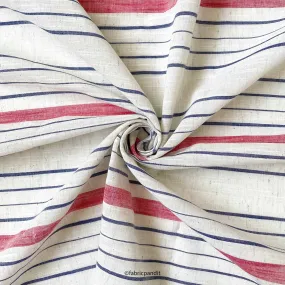 White & Blue Effortless Stripes Hand Block Printed Pure Cotton Linen Fabric (Width 42 inches)