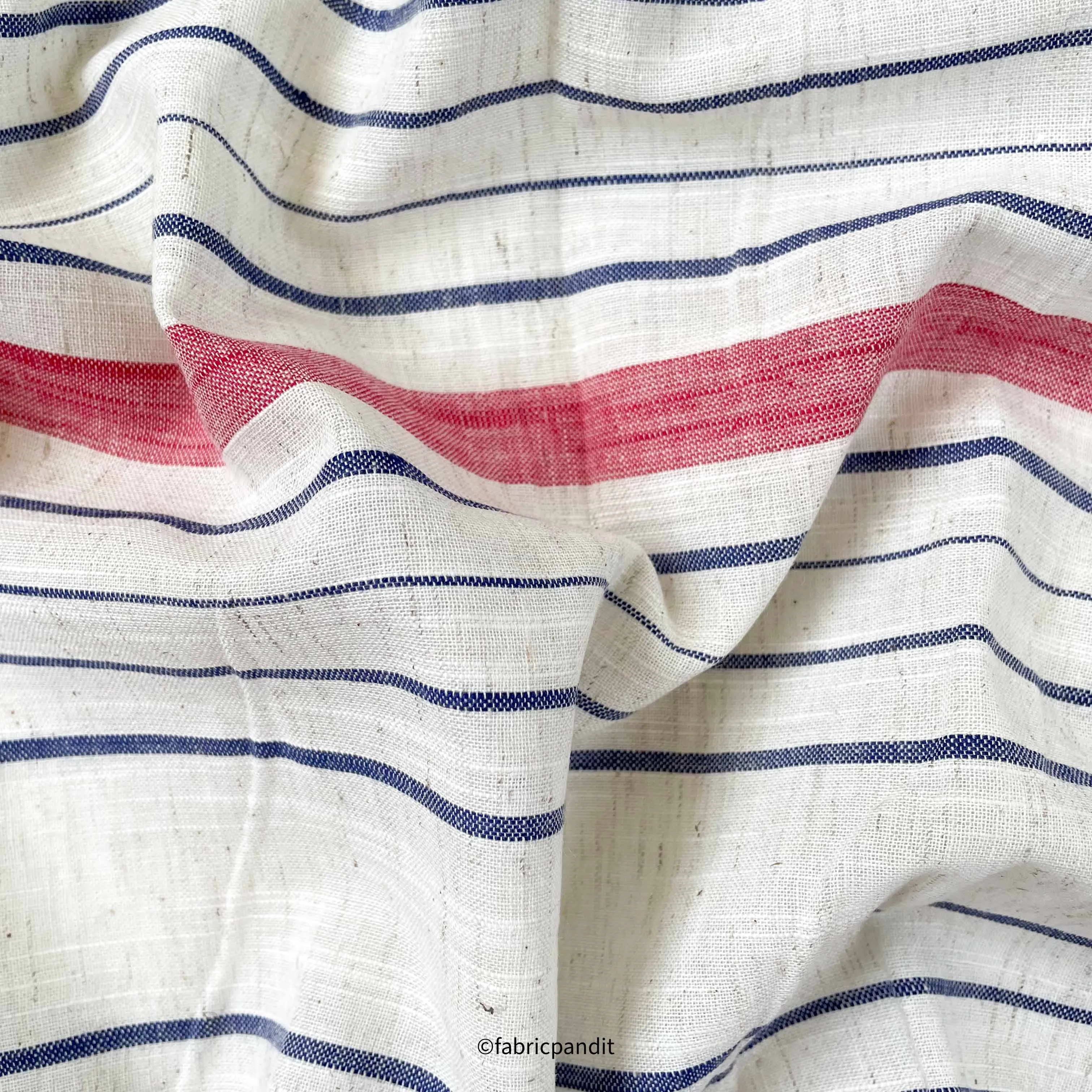 White & Blue Effortless Stripes Hand Block Printed Pure Cotton Linen Fabric (Width 42 inches)