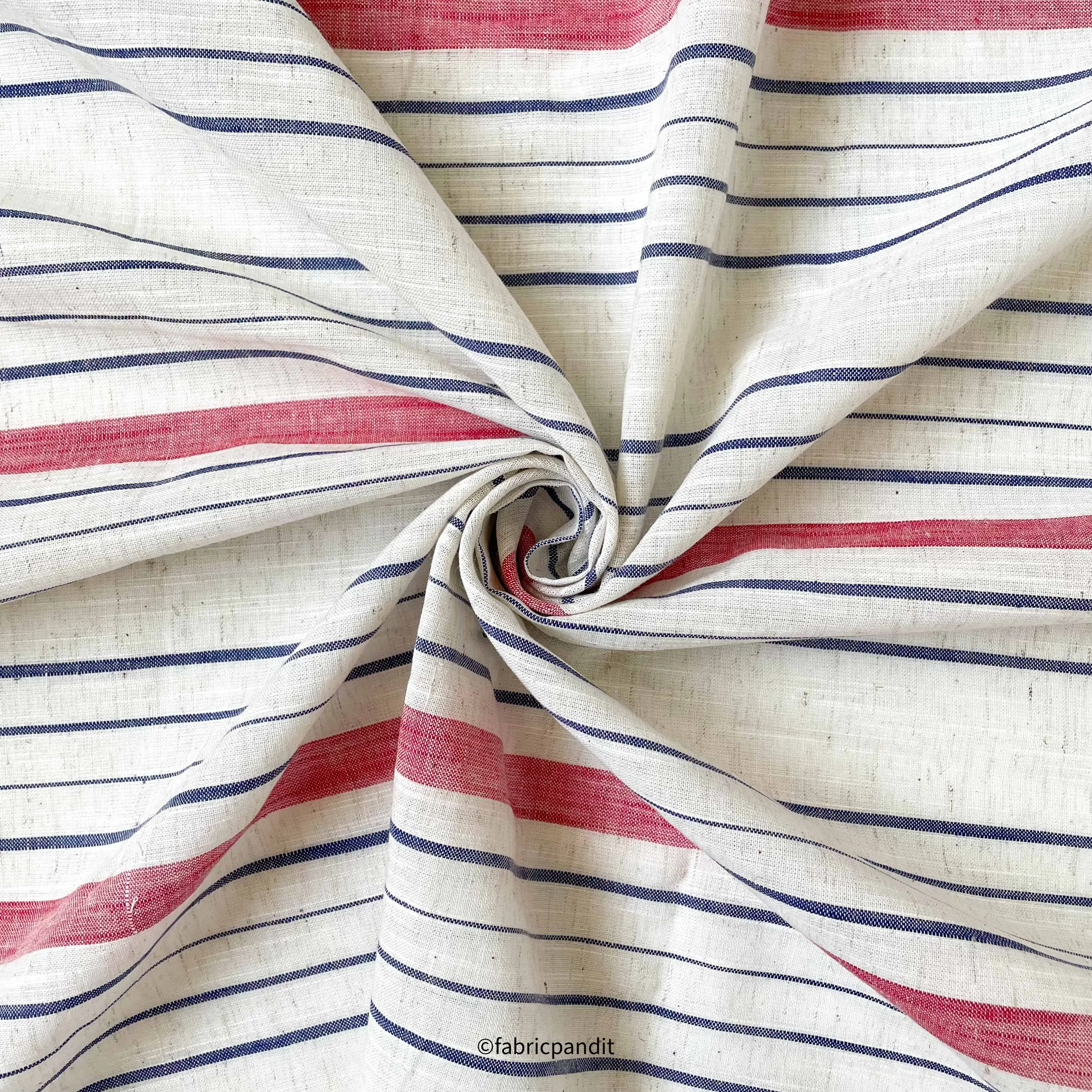 White & Blue Effortless Stripes Hand Block Printed Pure Cotton Linen Fabric (Width 42 inches)
