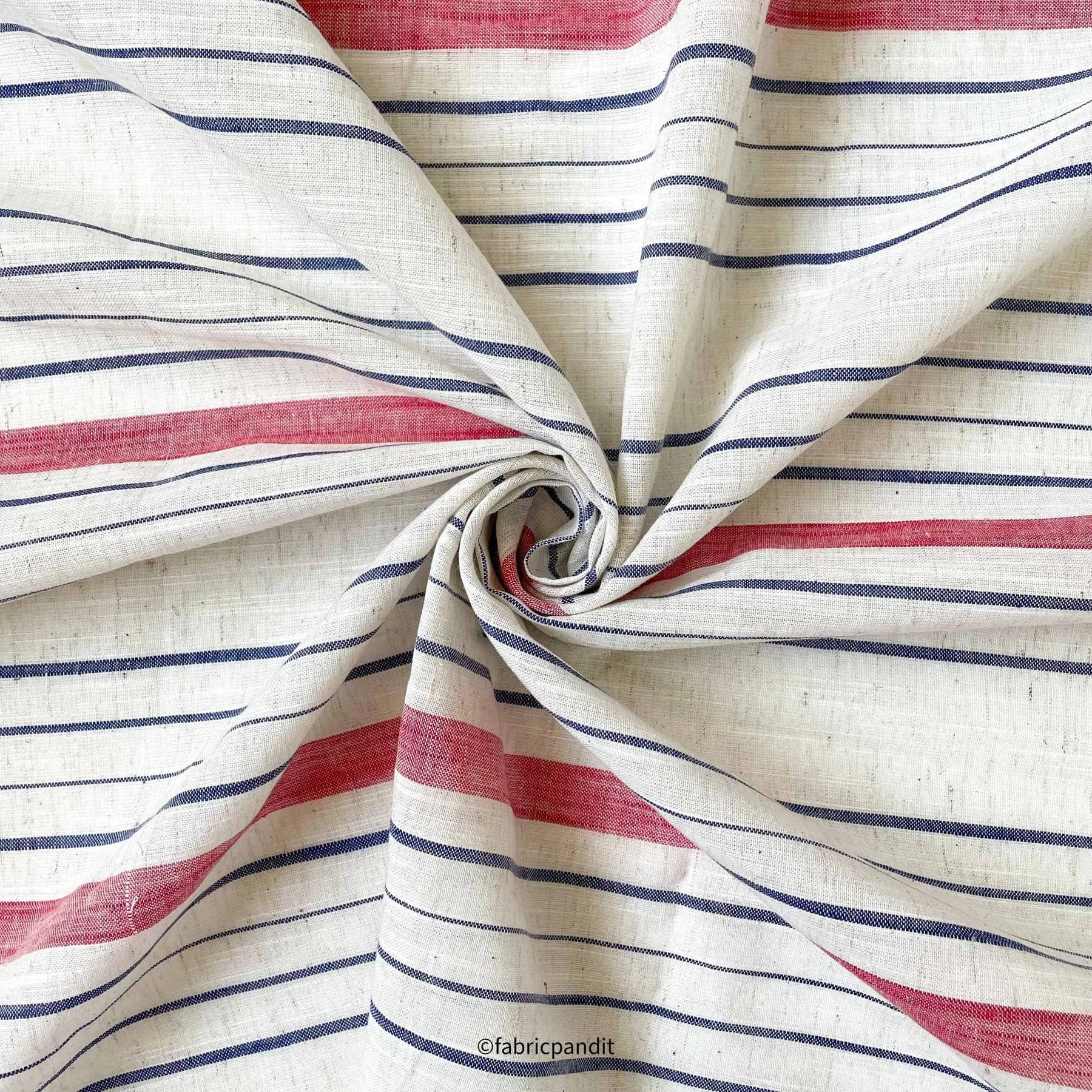 White & Blue Effortless Stripes Hand Block Printed Pure Cotton Linen Fabric (Width 42 inches)