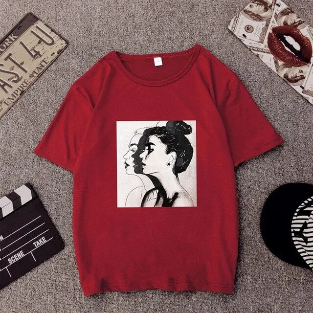 Women Round Collar Cartoon Print T-Shirt