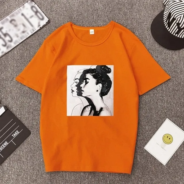 Women Round Collar Cartoon Print T-Shirt