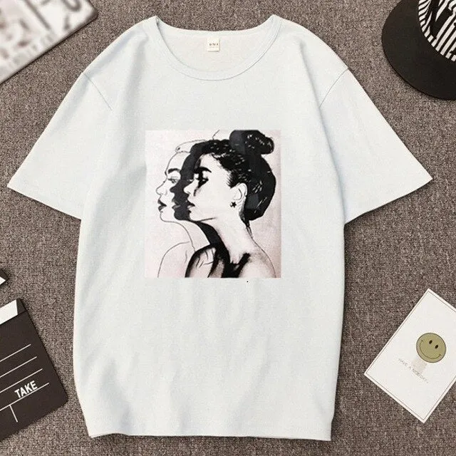 Women Round Collar Cartoon Print T-Shirt