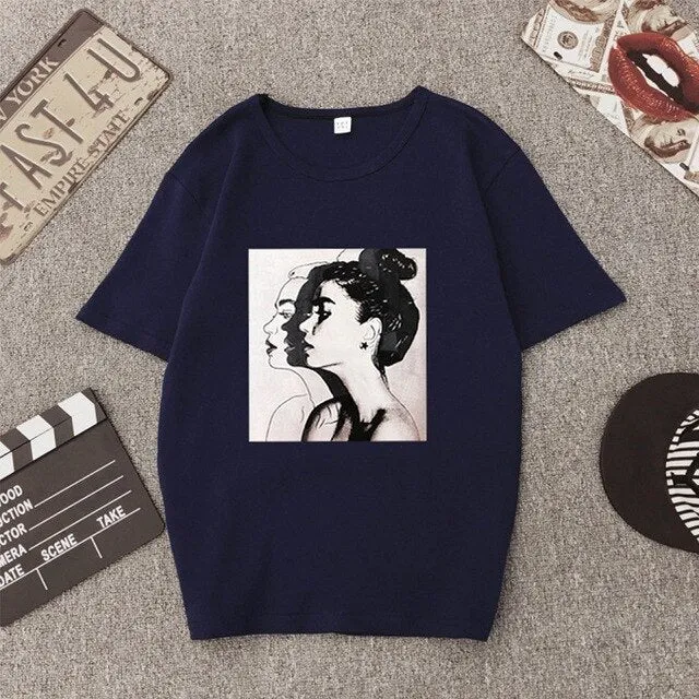 Women Round Collar Cartoon Print T-Shirt