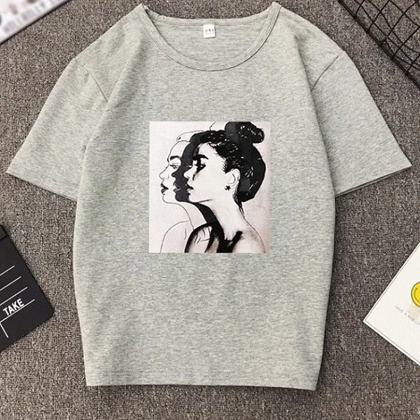 Women Round Collar Cartoon Print T-Shirt