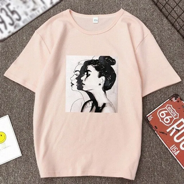 Women Round Collar Cartoon Print T-Shirt