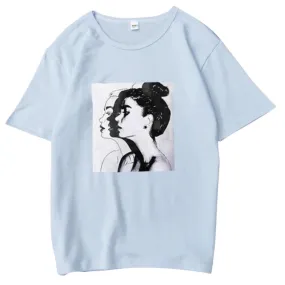 Women Round Collar Cartoon Print T-Shirt