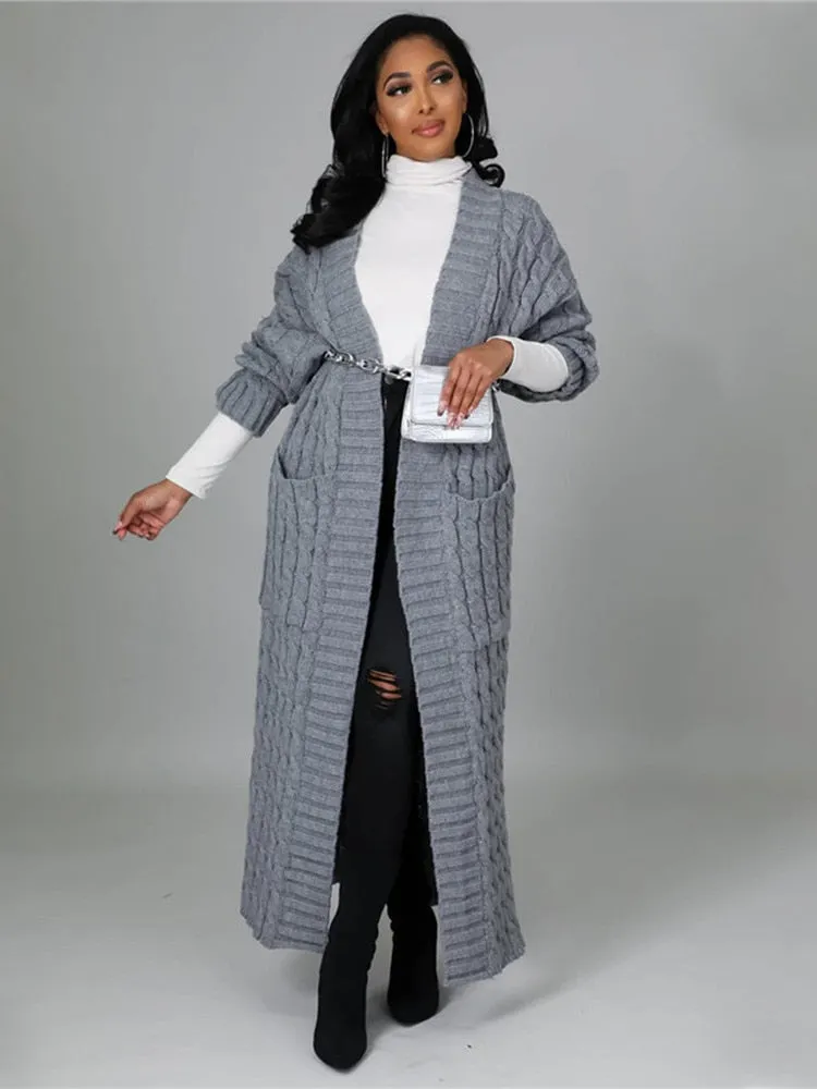 Women Warm Knitted Long Cardigan Sweater Coat With Pockets