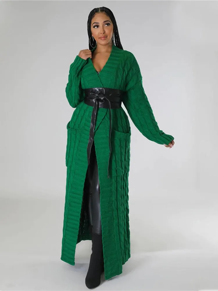 Women Warm Knitted Long Cardigan Sweater Coat With Pockets