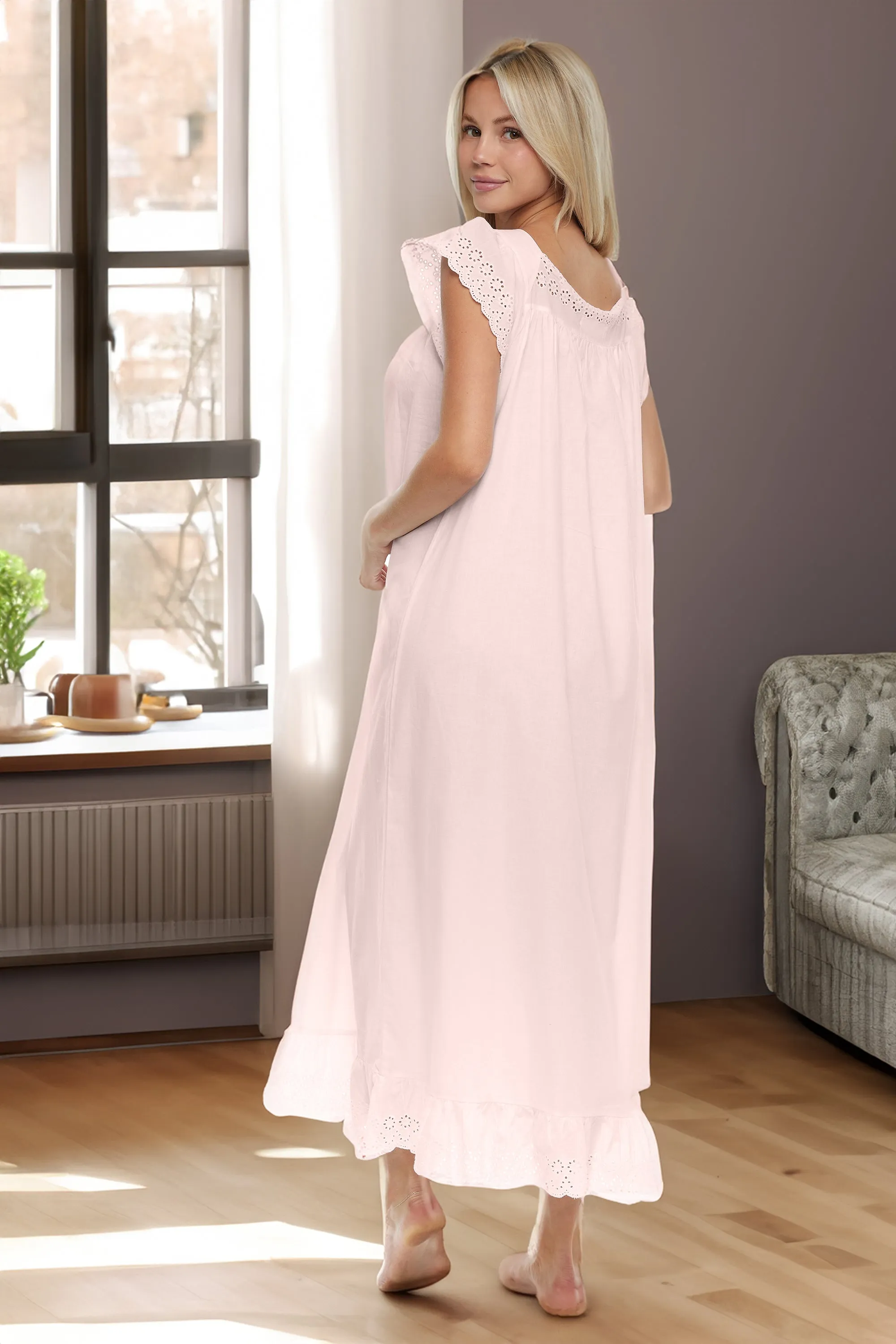 Women's Cotton Victorian Nightgown, Katelyn Short Sleeve Lace Trimmed Button Up Long Nightshirt
