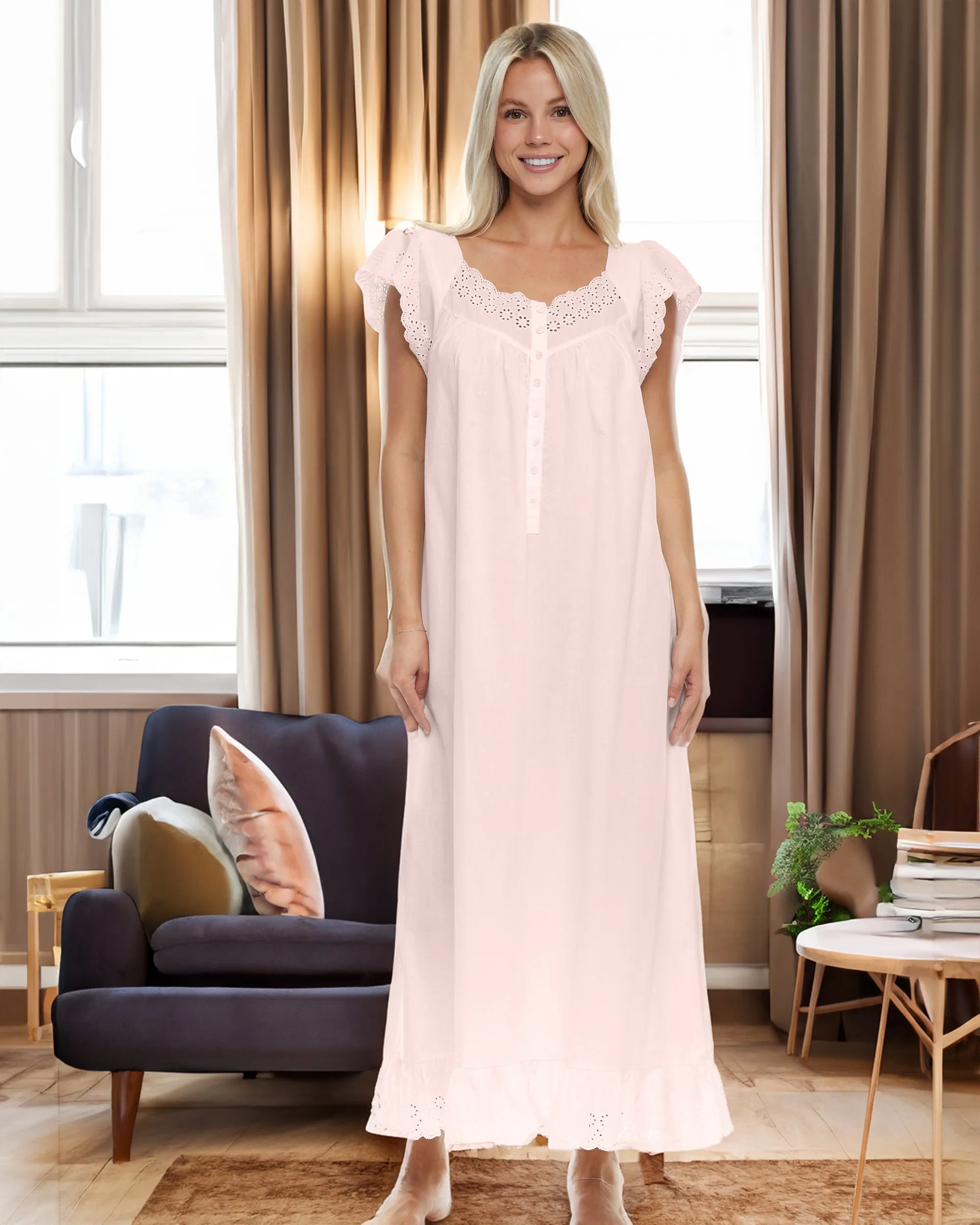 Women's Cotton Victorian Nightgown, Katelyn Short Sleeve Lace Trimmed Button Up Long Nightshirt