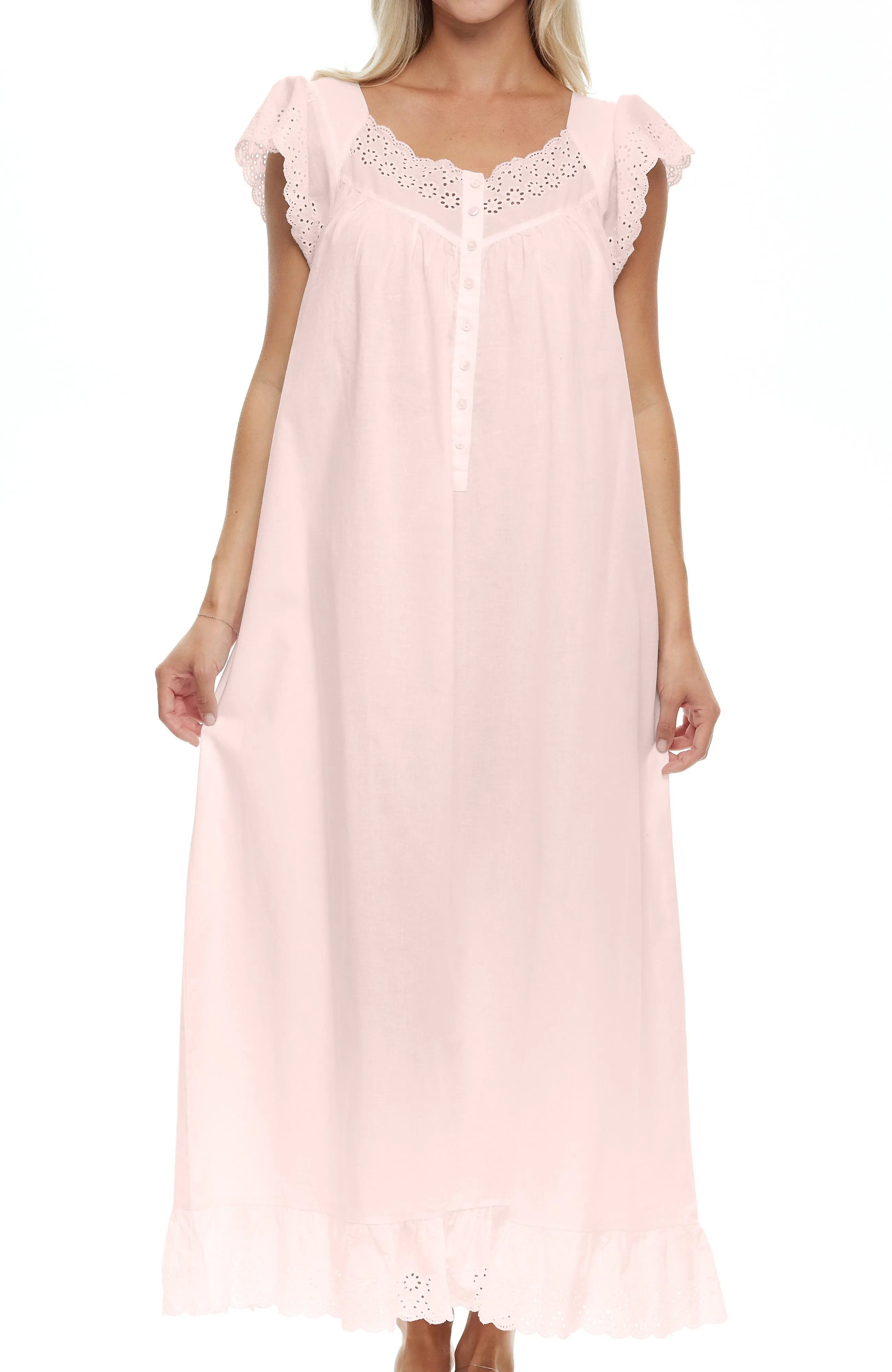 Women's Cotton Victorian Nightgown, Katelyn Short Sleeve Lace Trimmed Button Up Long Nightshirt