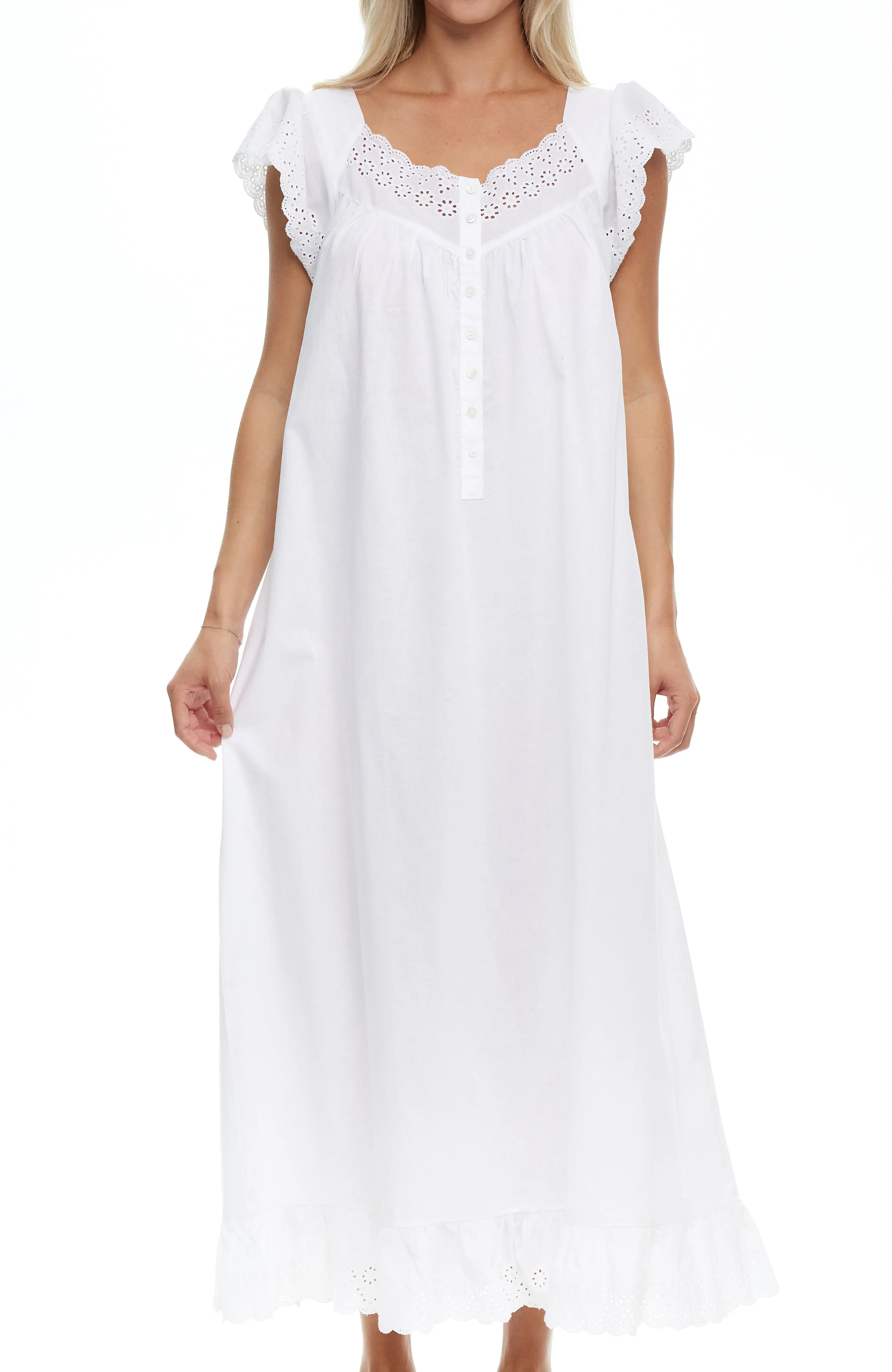Women's Cotton Victorian Nightgown, Katelyn Short Sleeve Lace Trimmed Button Up Long Nightshirt