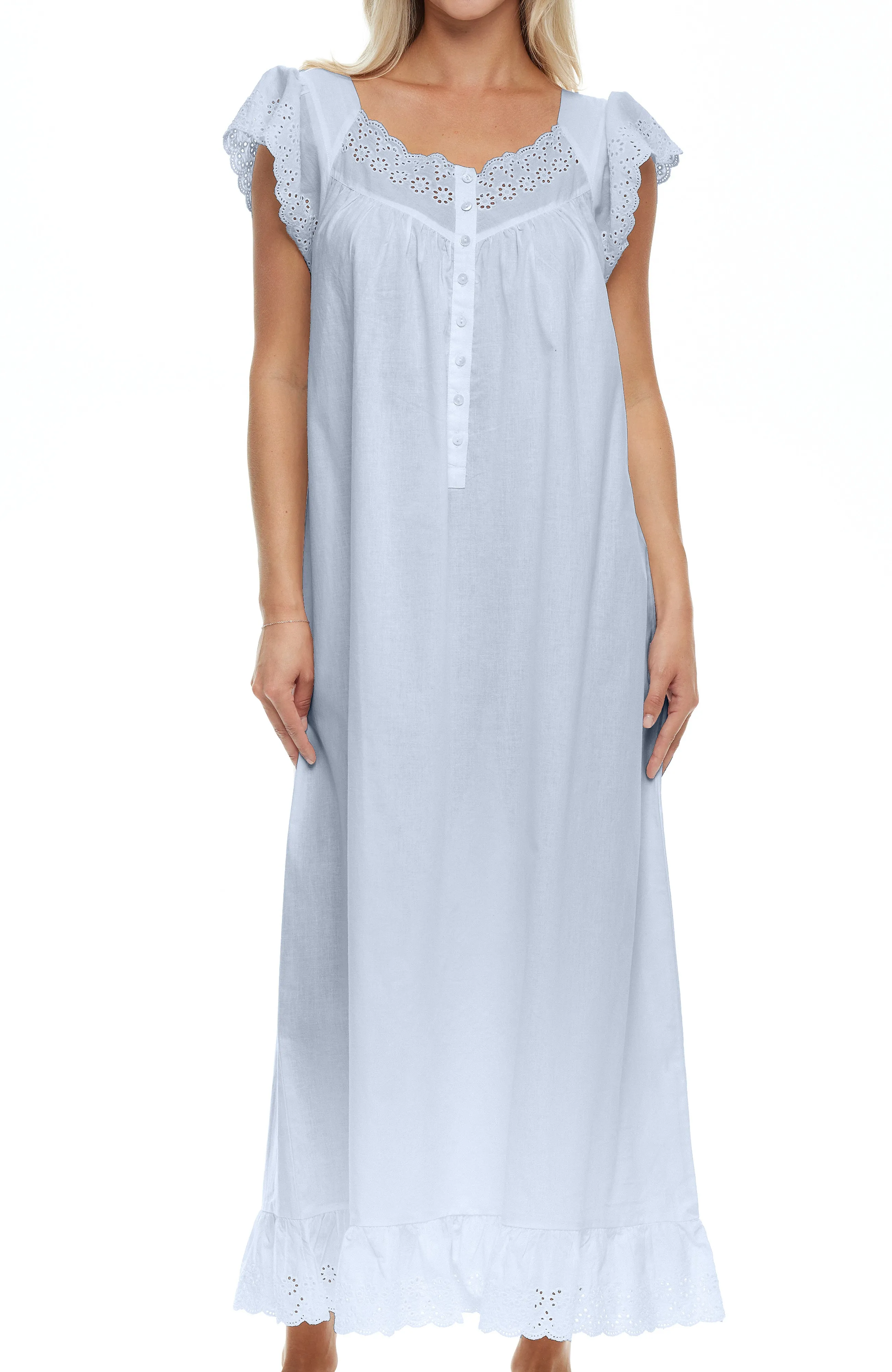 Women's Cotton Victorian Nightgown, Katelyn Short Sleeve Lace Trimmed Button Up Long Nightshirt