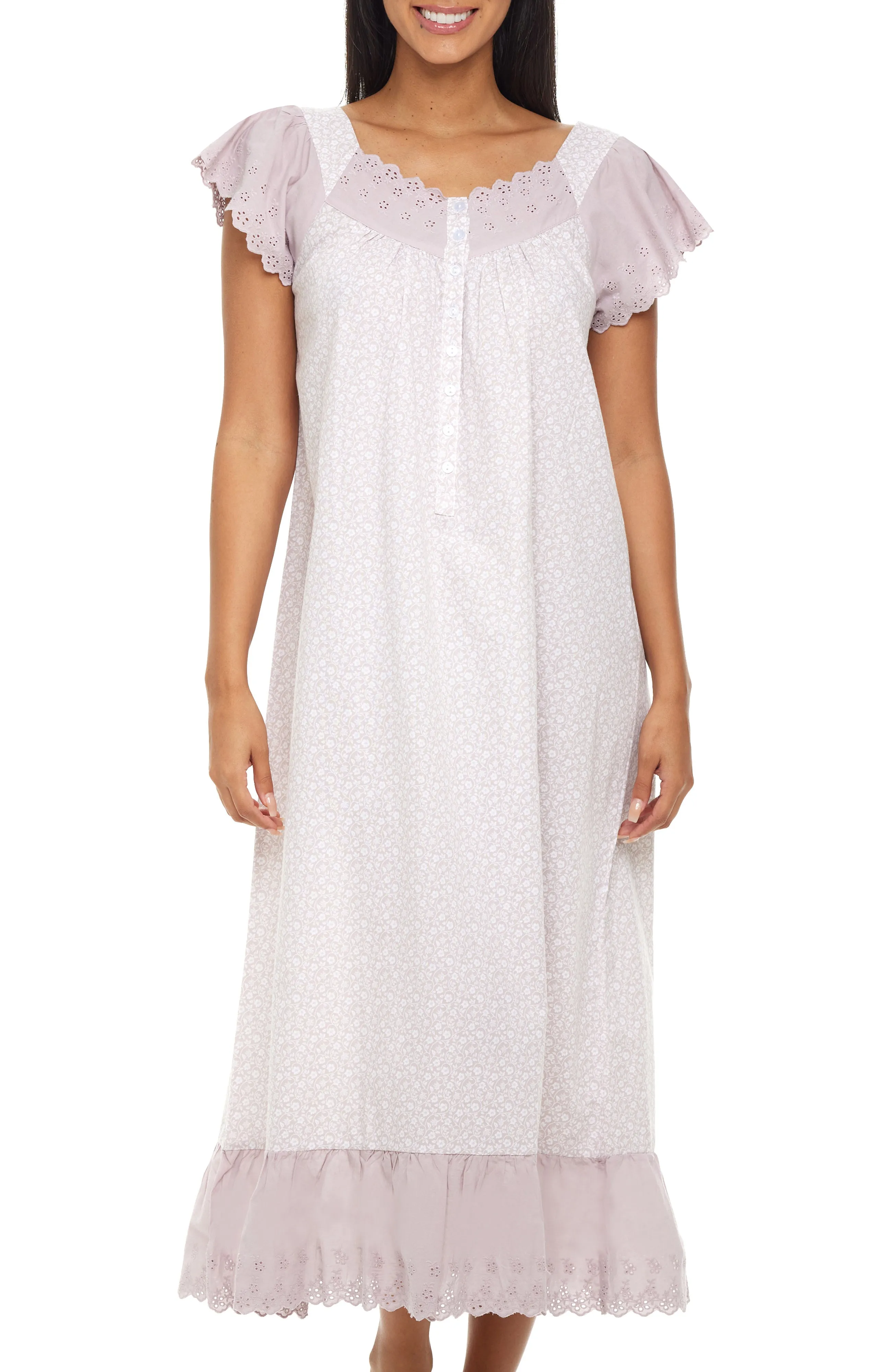 Women's Cotton Victorian Nightgown, Katelyn Short Sleeve Lace Trimmed Button Up Long Nightshirt