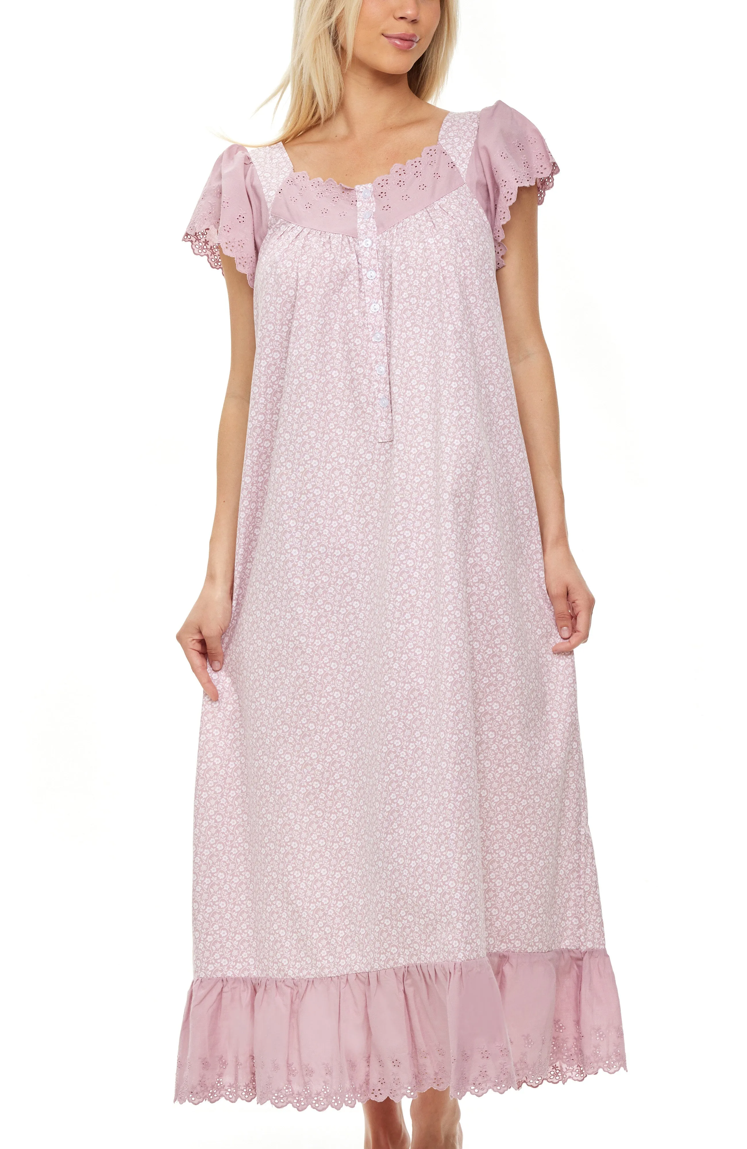 Women's Cotton Victorian Nightgown, Katelyn Short Sleeve Lace Trimmed Button Up Long Nightshirt