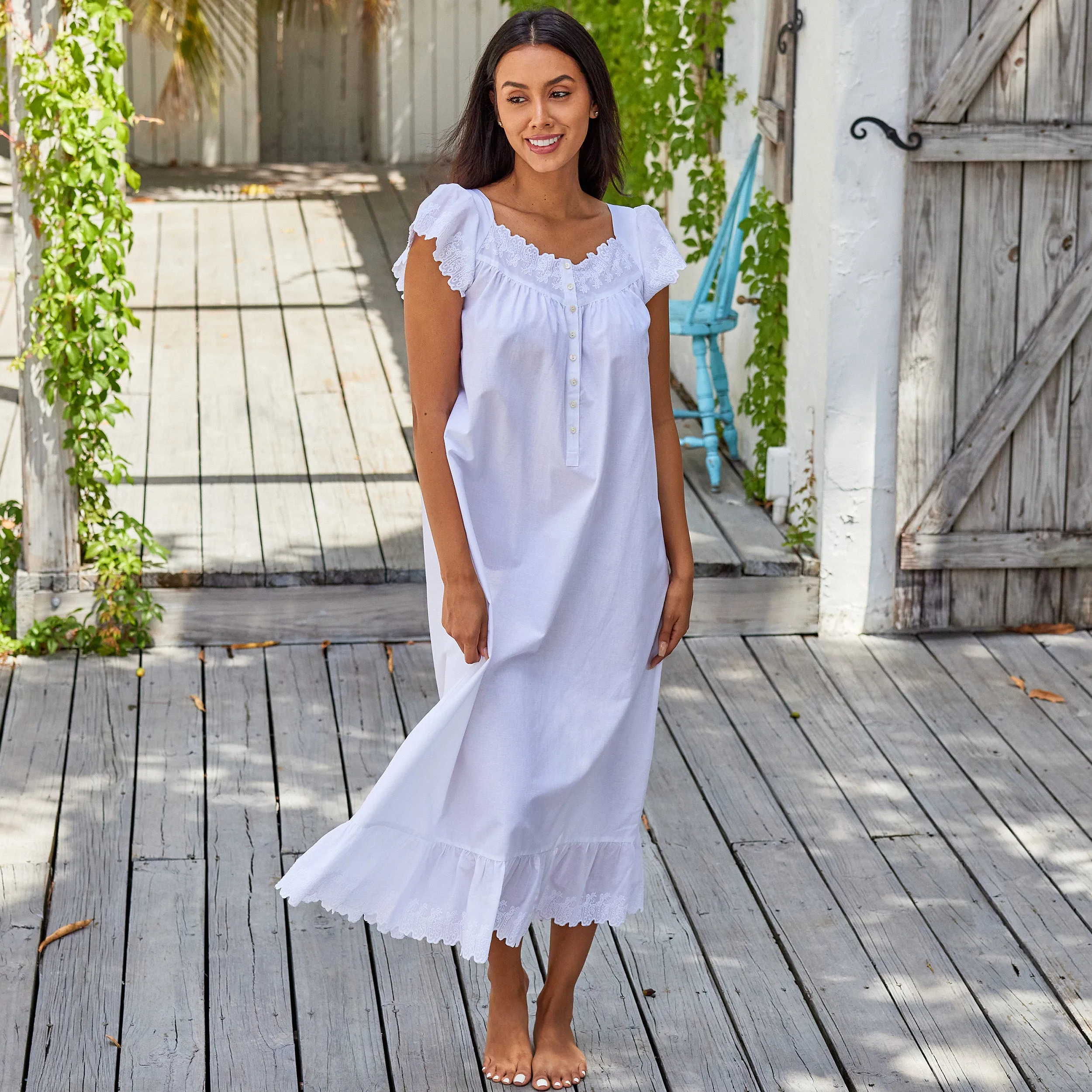 Women's Cotton Victorian Nightgown, Katelyn Short Sleeve Lace Trimmed Button Up Long Nightshirt