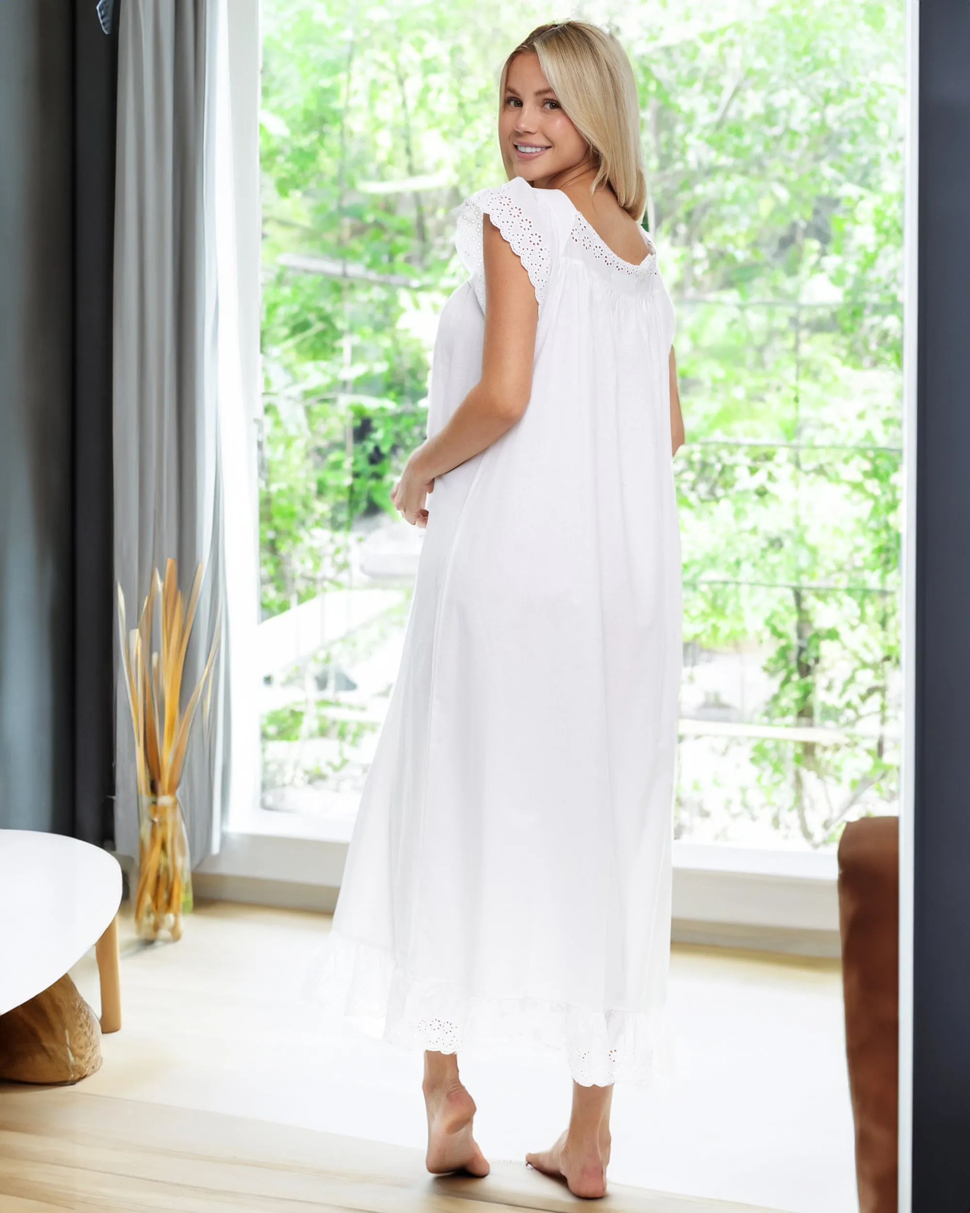 Women's Cotton Victorian Nightgown, Katelyn Short Sleeve Lace Trimmed Button Up Long Nightshirt